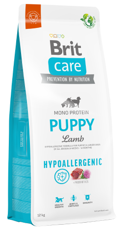 Bolsa de alimento para perros Brit Care Puppy Lamb, de color blanco con detalles azules y el nombre del producto 