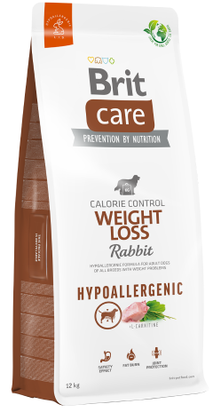 Bolsa de alimento para perros Brit Care Weight Loss, sabor Conejo, color blanco con detalles marrones, hipoalergénico.