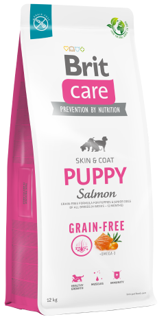 Bolsa de alimento para perros sin cereales Brit Care Puppy Salmon, envase rosa y blanco.