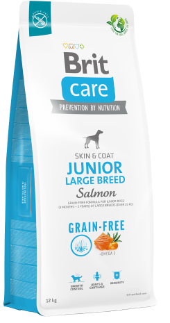 Bolsa de alimento para perros Brit Care Junior Large Breed Salmon. Bolsa blanca con detalles azules.