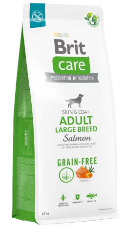 Bolsa de alimento para perros Brit Care Adult Large Breed Salmon. Blanco con detalles verdes y diseño salmón.