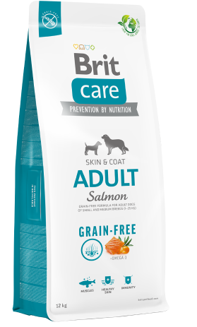 Bolsa de alimento para perros Brit Care Adult Salmon sin cereales, de color blanco con detalles en verde azulado.
