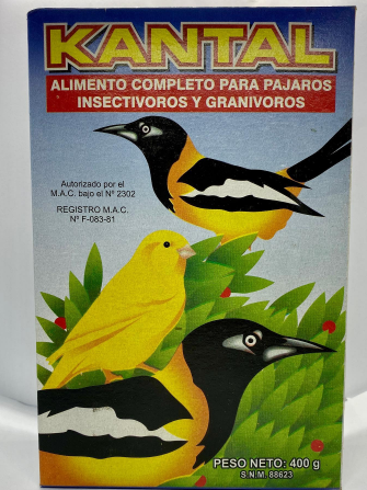 Caja de comida para pájaros KANTAL con ilustraciones de pájaros amarillos y negros.
