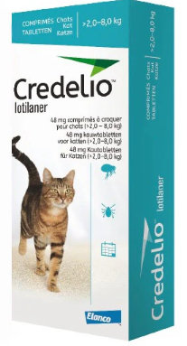 Caja de medicamento Credelio contra pulgas y garrapatas para gatos, con un gato y texto sobre un fondo verde azulado.