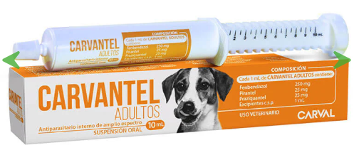 Medicamento Carvantel para perros adultos, compuesto por una jeringa y una caja con la ilustración de un perro.
