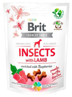 Bolsa de premios para perros Brit Crunchy Snack, sabor Insectos con Cordero, con frambuesas.