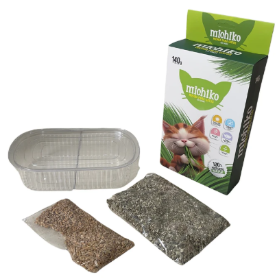 Kit de cultivo de césped para gatos con un recipiente de plástico