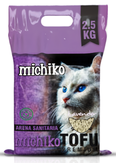 Bolsa verde de arena para gatos “Michiko Tofu” con imagen de gato, aroma a manzana y 2,5 KG de peso.