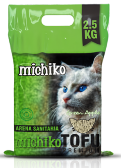 Bolsa verde de arena para gatos “Michiko Tofu” con imagen de gato, aroma a manzana y 2,5 KG de peso.