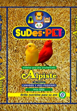 Bolsa de alpiste con pájaros amarillos y rojos, etiquetada 