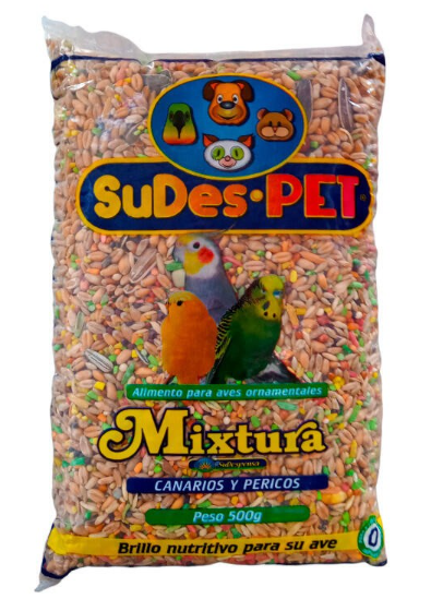 Bolsa de mezcla de semillas para pájaros SuDes-PET con loros y canarios representados en la etiqueta.