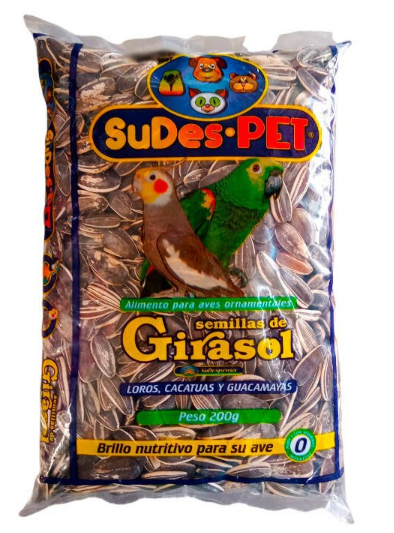 Bolsa de alpiste con un loro y una cacatúa. La etiqueta dice «SuDes-PET» y «Girasol».