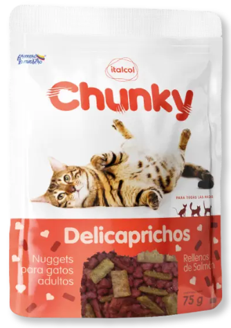 Bolsa de comida para gatos con un gato descansando. Texto 