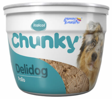 Contenedor de comida para perros Chunky Delidog con cara de perro, en turquesa y blanco.