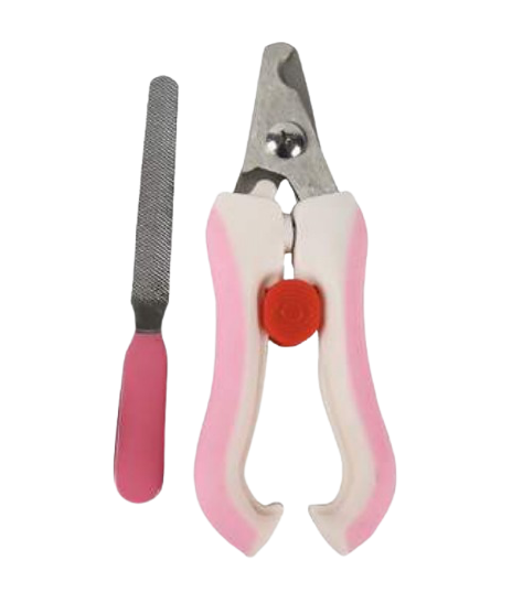 Cortaúñas y lima para mascotas de color rosa y blanco.