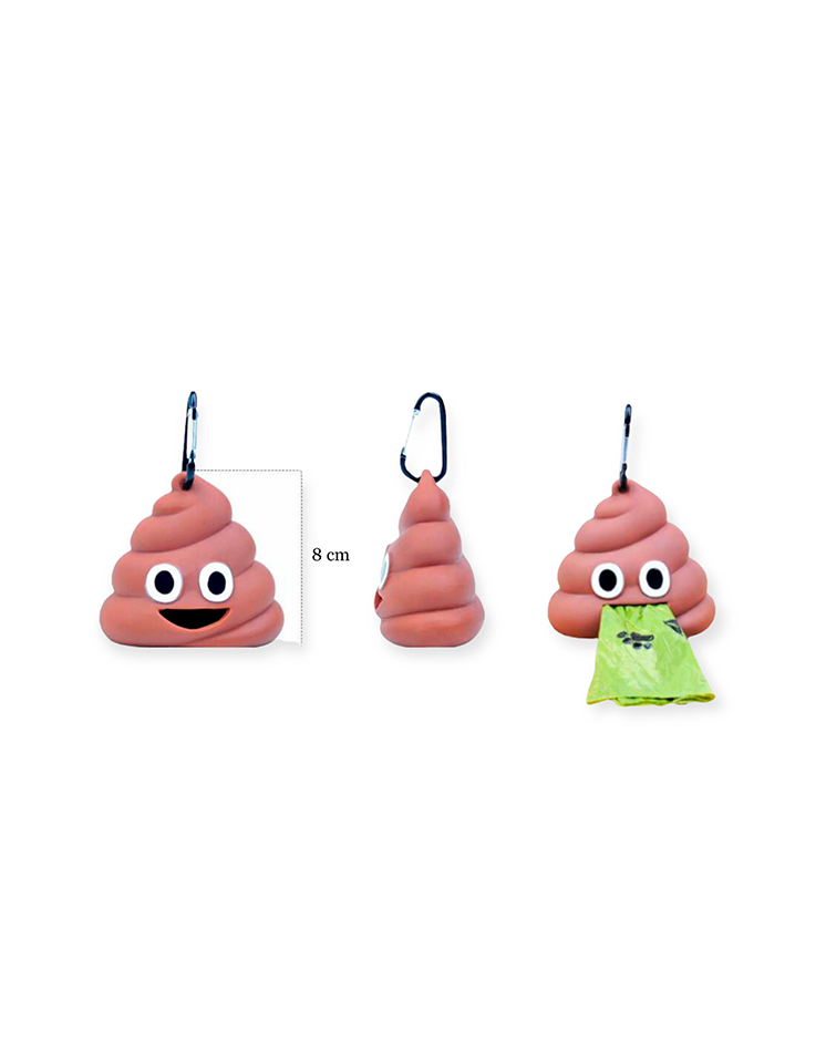 Dispensador de bolsas para desechos de perro en forma de caca, de color marrón, con clip de mosquetón y bolsa verde.