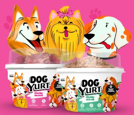 Contenedores de comida para perros Dog Yurt con ilustraciones de dibujos animados de perros sobre un fondo rosa.