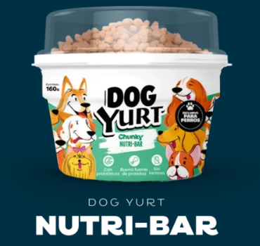 Contenedores de comida para perros Dog Yurt con ilustraciones de dibujos animados de perros sobre un fondo rosa.