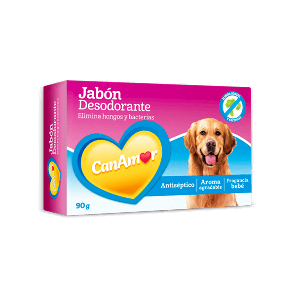 Caja de jabón desodorante CanAmor para perros con un golden retriever.