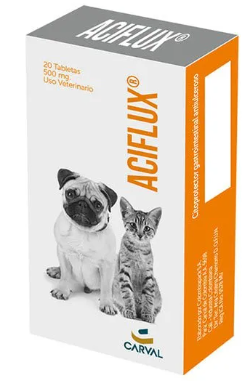 Caja de comprimidos “ACIFLUX” para uso veterinario, con la imagen de un gato carlino y un gato atigrado en el frente.