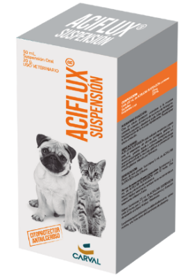 Caja de suspensión Aciflux para mascotas, con ilustración de un perro y un gato.