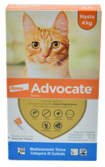 Caja de Advocate para gatos. Incluye gato naranja, empaque blanco y naranja,