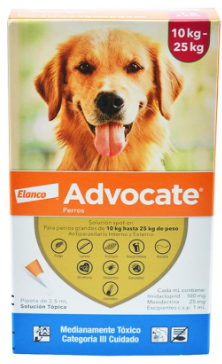 Caja de Advocate para perros, con ilustración de un Golden Retriever e instrucciones de uso.