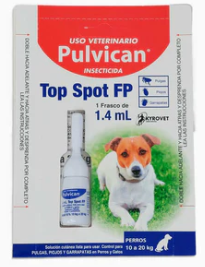 Caja de insecticida Pulvican para perros, conteniendo un vial de 1,4 ml, junto a una foto de un perro.