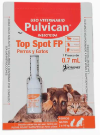 Caja de insecticida “Pulvican” para perros y gatos; contiene un frasco ampolla de 0,7 mL.