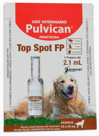 Caja de insecticida Pulvican para perros, con un perro y un vial de producto. Contiene 2,1 ml.