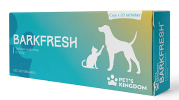 Caja de comprimidos Barkfresh para perros y gatos, envase azul y blanco.