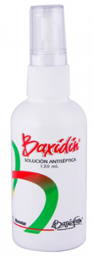 Botella blanca de solución antiséptica Baxidin con detalles en verde y rojo.