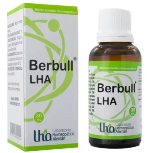 Caja y frasco de medicamento homeopático Berbull LHA, envase verde y blanco, frasco marrón oscuro.