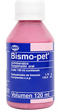Frasco rosa de suspensión oral Bismo-pet. Etiqueta azul con texto que incluye 