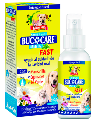 Caja y botella con spray de enjuague bucal para mascotas “Buc Care”, con sabor a perro y gato, y menta.