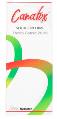 Frasco de solución oral Canatox con diseño verde, naranja y rojo.