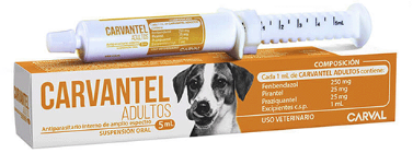Medicamento Carvantel para perros adultos, compuesto por una jeringa y una caja con la ilustración de un perro.