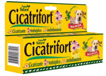 Caja amarilla de ungüento “Cicatrifort” para mascotas, con gráfico de perro y gato.