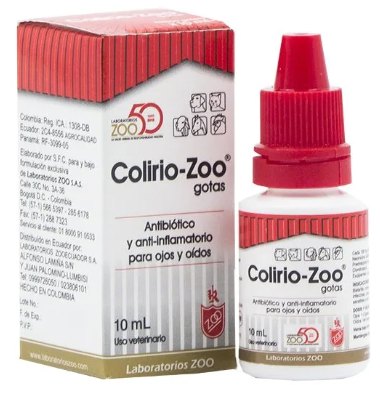 Caja y frasco de gotas oftálmicas “Colirio-Zoo”, etiquetadas como “Antibiótico y antiinflamatorio para ojos y oídos”.