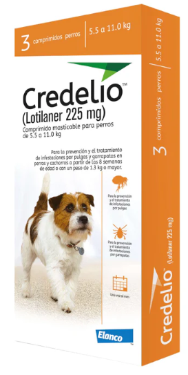 Caja de Credelio (Lotilaner 225 mg) para perros, con foto de un perro y el logo de Elanco.