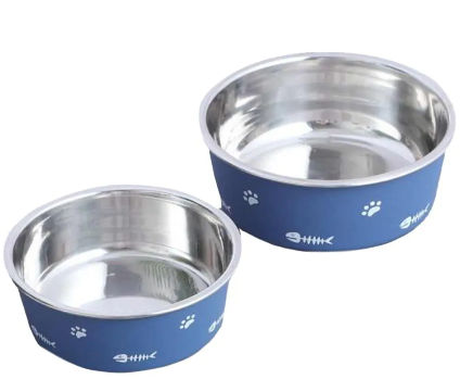 Dos cuencos para perros de color azul con huellas de patas.