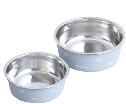 Dos cuencos para perros de color azul con huellas de patas.