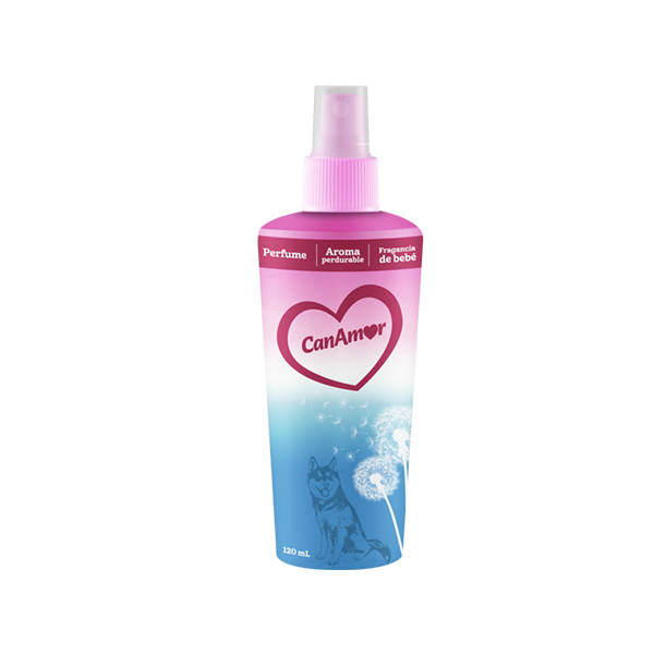 Botella de perfume para perro; rosa y azul, con ilustración de un corazón y un perro, etiquetada 