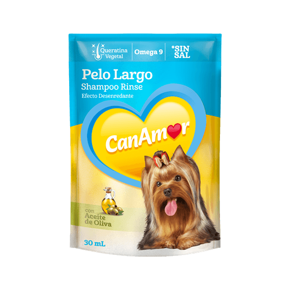 Sobre de champú para perros con ilustración de un Yorkshire Terrier.