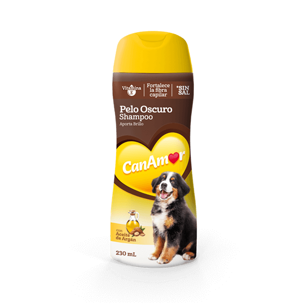 Botella de champú para perros, color amarillo y marrón, etiqueta 