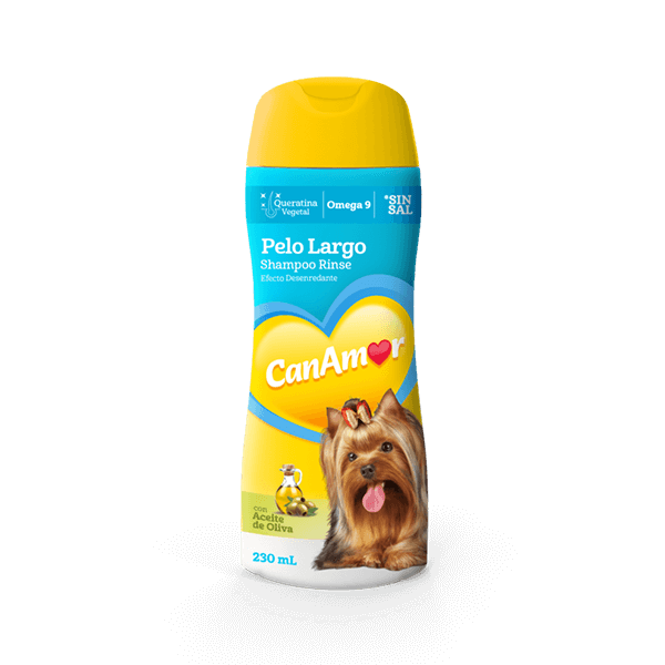 Botella de champú para perros con un Yorkshire Terrier sobre un fondo azul y amarillo.