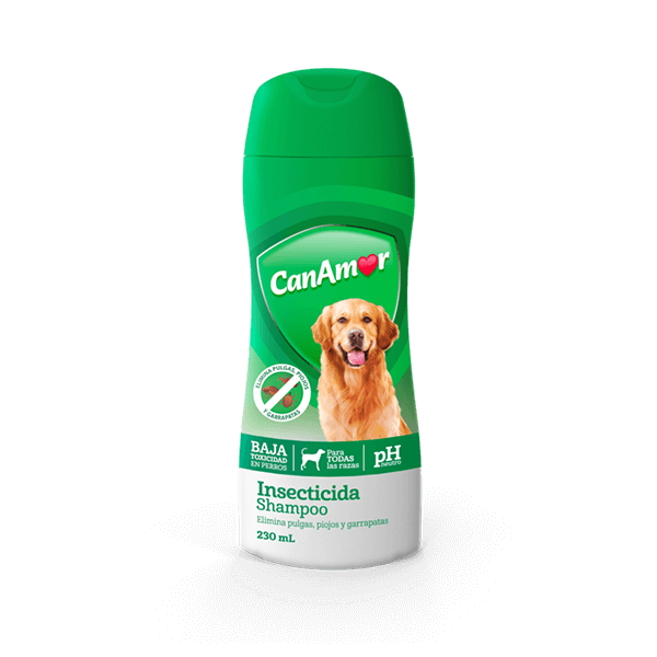 Botella de champú insecticida para perros Green CanAmor con golden retriever.