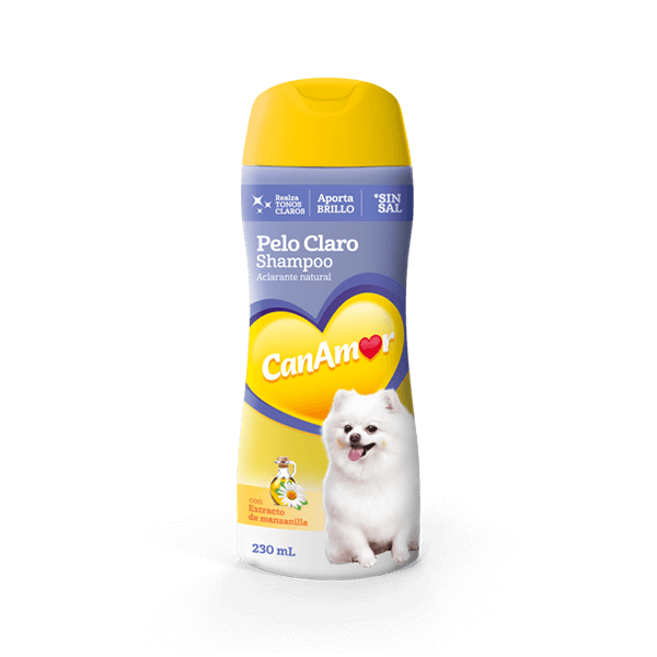 Botella de champú para perros, color azul y amarillo, con un perro blanco y marca 
