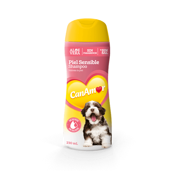 Botella de champú para perros con imagen de cachorro, en colores amarillo y rosa.