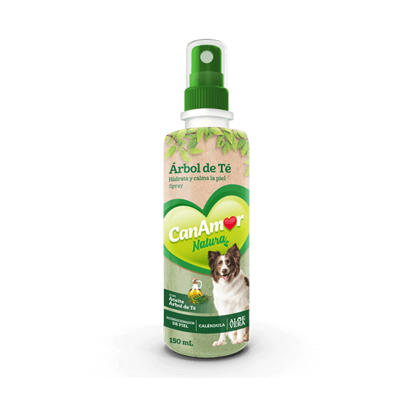 Botella de spray para perros CanAmor Natural, etiqueta verde y blanca con ilustración de perro.